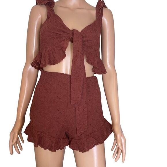 Eyelet Embroidery Ruffle Trim Knot Front Cami Top & Shorts Set SZ 4 chocolate - Picture 6 of 14